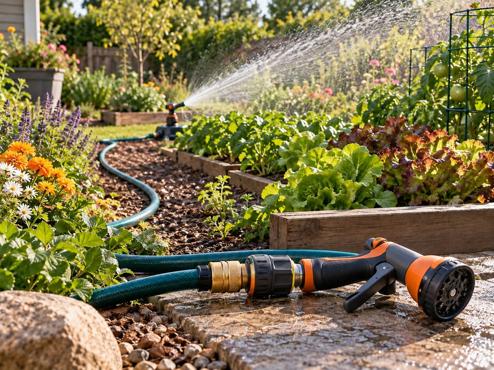 Automatic garden irrigation with hose connectors and a watering spray gun.