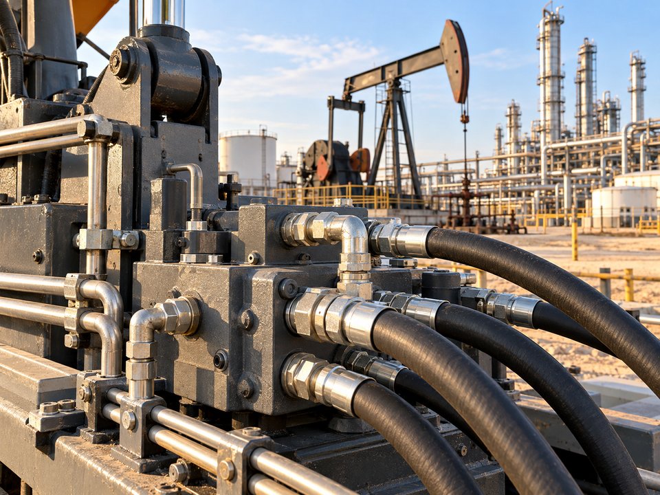 Petroleum extraction and refining equipment with hydraulic fittings and connected hoses and pipework.