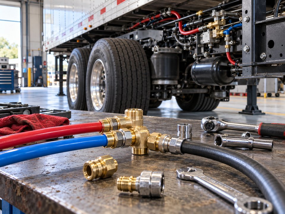 Trailer repair workshop with hose fittings, air-brake tubing and tools.